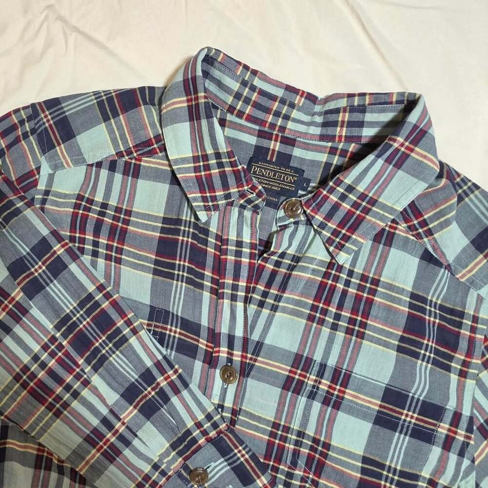 Pendleton Plaid Long Sleeve Button-Up Shirt Light Blue Red Size L